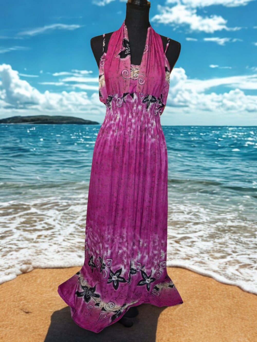 Boho Dream Goddess Halter Dress Tropical Island Floral Beachy Resortwear